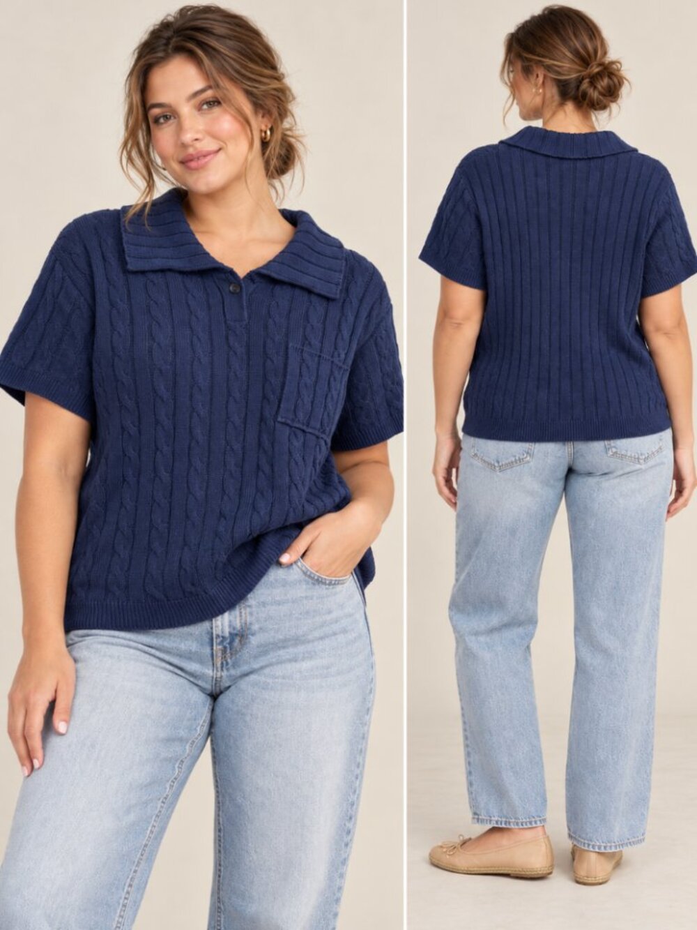 Wild Fable Short Sleeve Cable Knit Polo Sweater Navy Blue XXL NWT